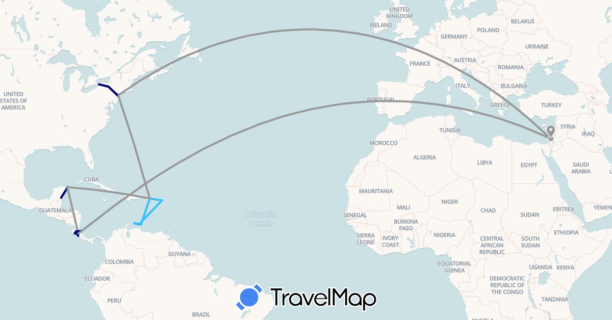 TravelMap itinerary: driving, plane, boat in Aruba, Costa Rica, Curaçao, Israel, Mexico, Netherlands, United States (Asia, Europe, North America, South America)
